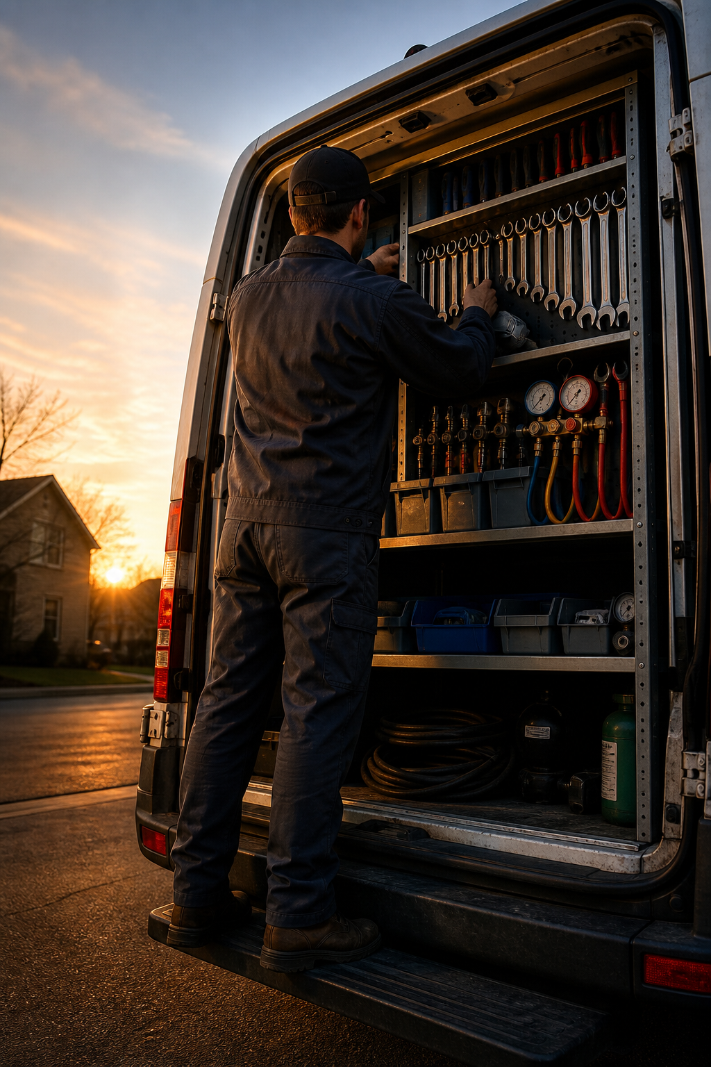 HVAC technician organizing tools at a service van in the evening